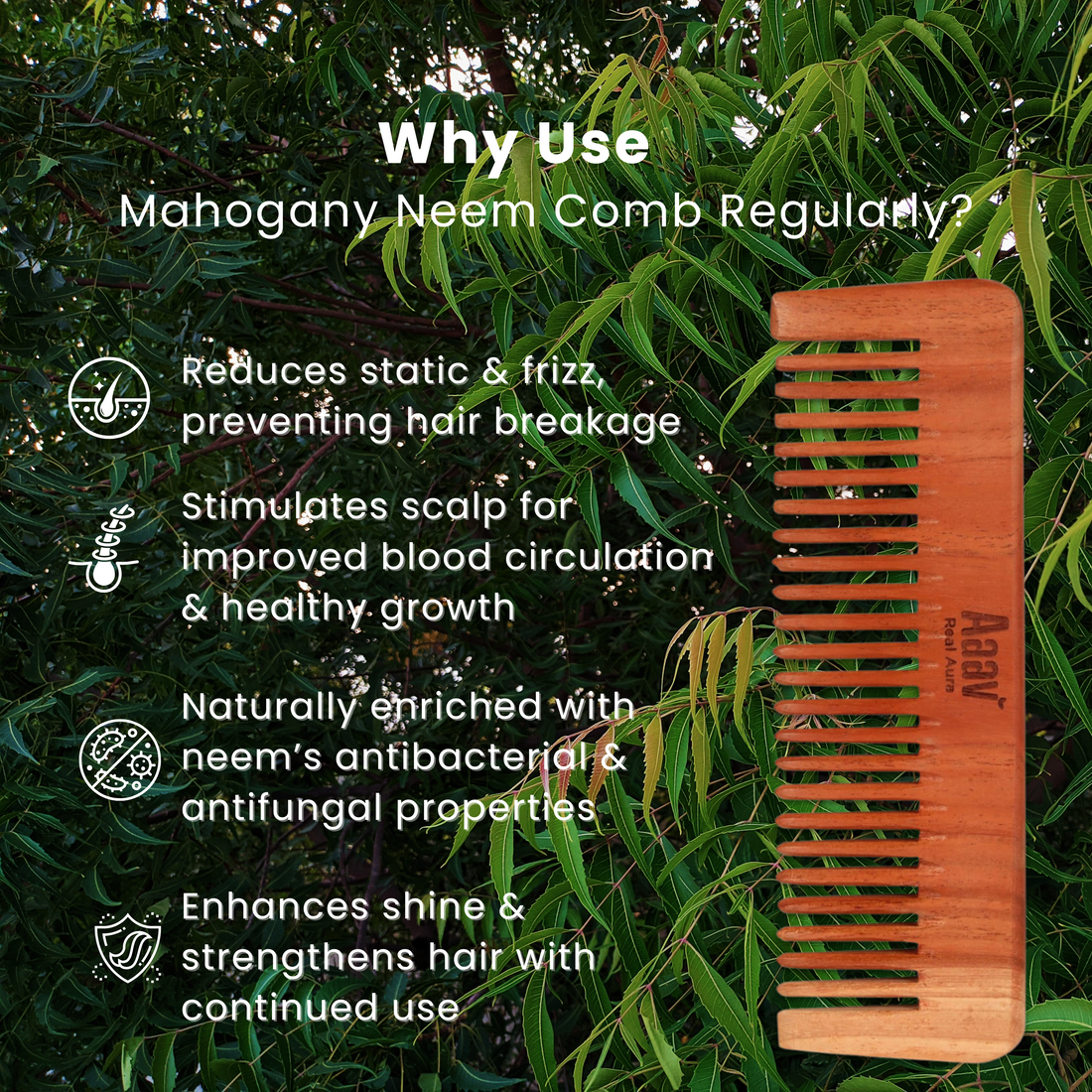 Aaav Mahogany Neem Wood Comb – Anti-Static & Gentle Detangling